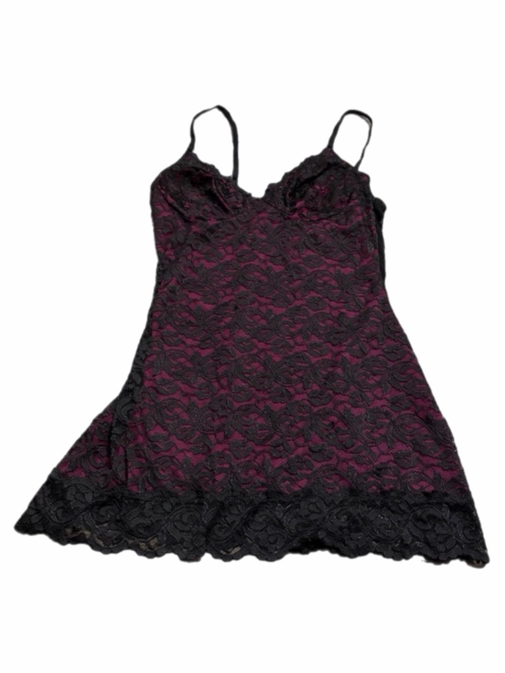 90s/Y2K European Vintage All Over Floral Lace Mini Slip Dress (Magenta/Black) M